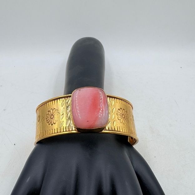 Golden Floral Brass Cuff with Pink Onyx Gemstone