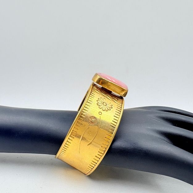 Golden Floral Brass Cuff with Pink Onyx Gemstone