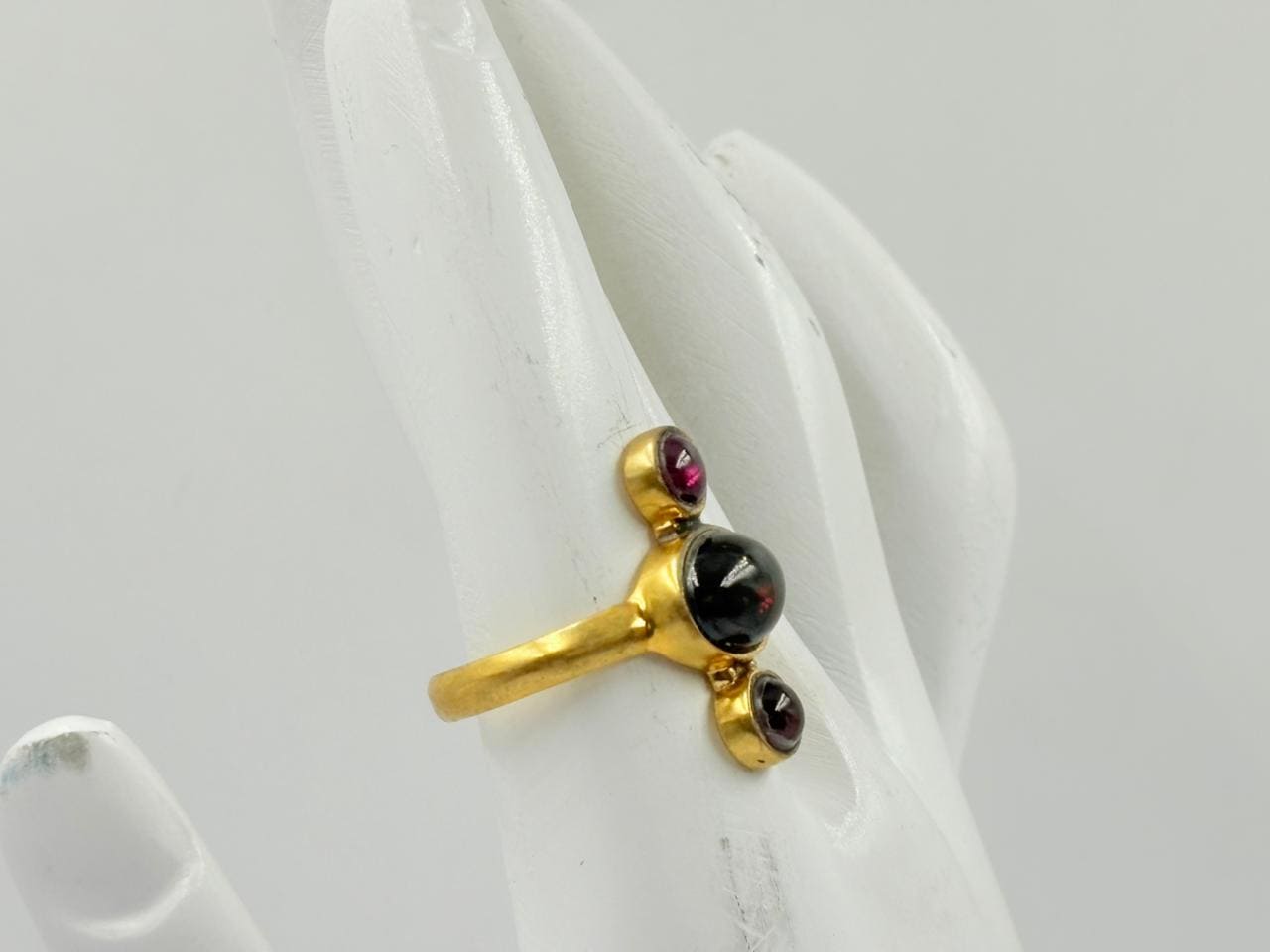 Regal Red Onyx Triple-Stone Brass Ring
