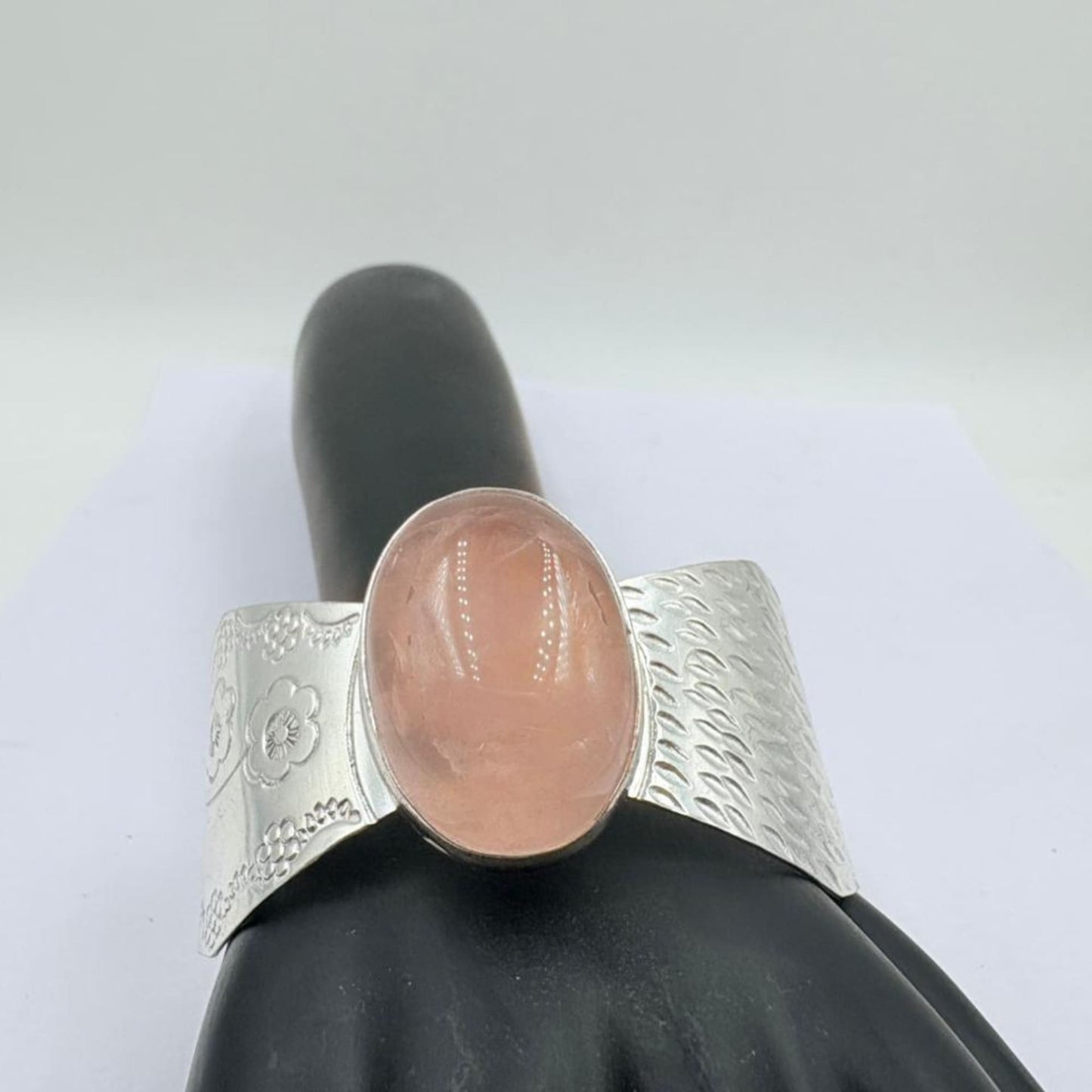 Radiant Rose Quartz Oval Stone Silver Bangle