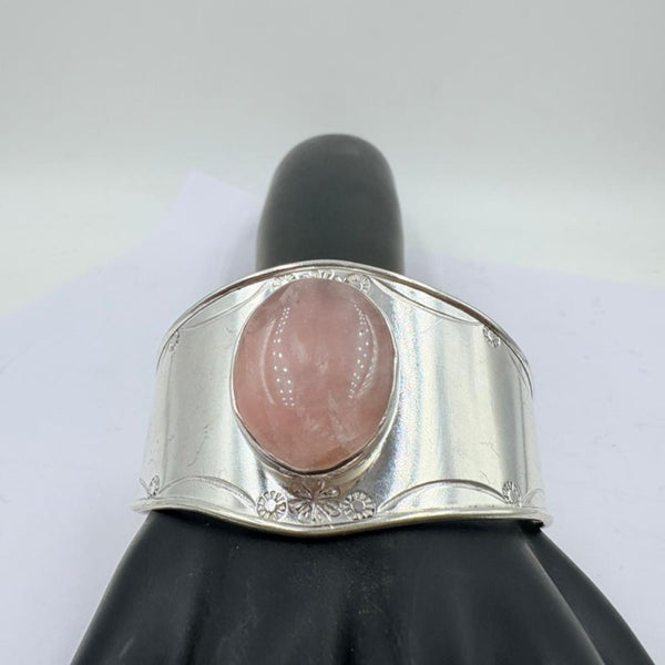 Elegant Rose Quartz Floral Silver Statement Bangle