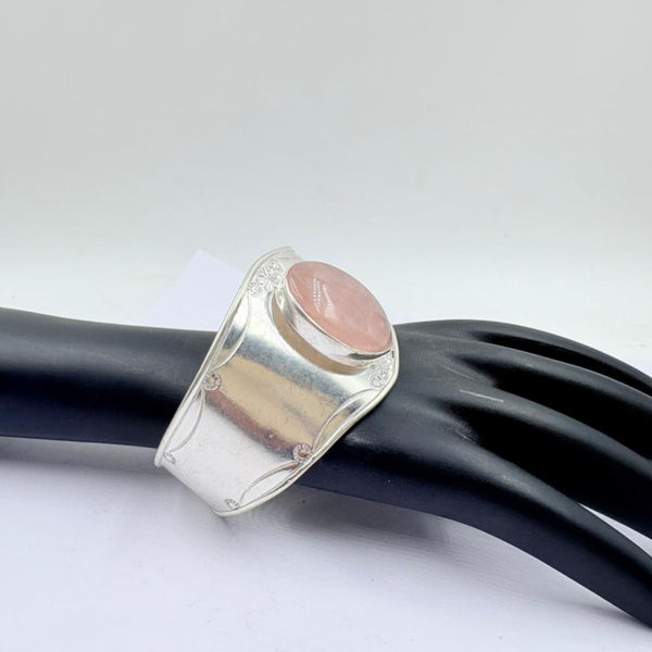 Elegant Rose Quartz Floral Silver Statement Bangle