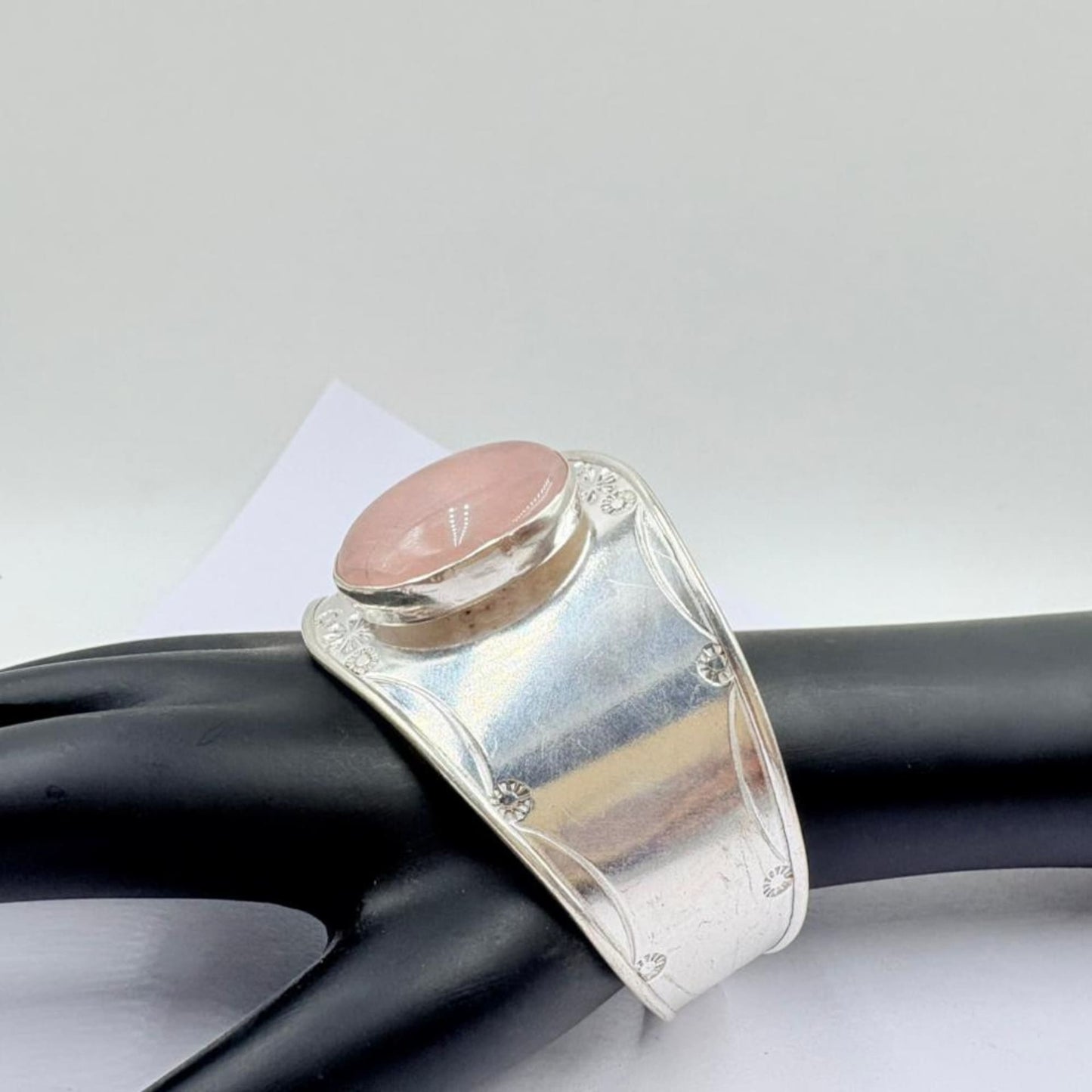 Elegant Rose Quartz Floral Silver Statement Bangle