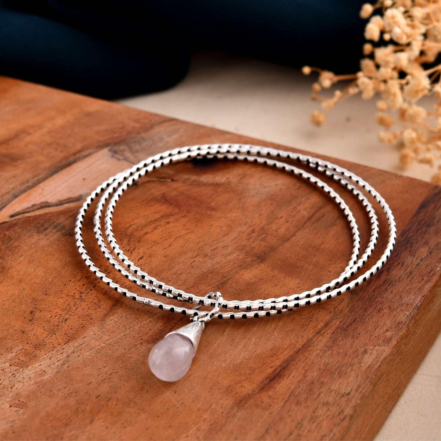 Handmade 92.5 Silver Bangle with Rose Quartz Stone – Adjustable & Elegant