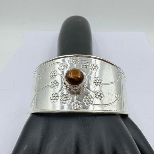 Golden Glow Tiger Eye Floral Silver Bangle