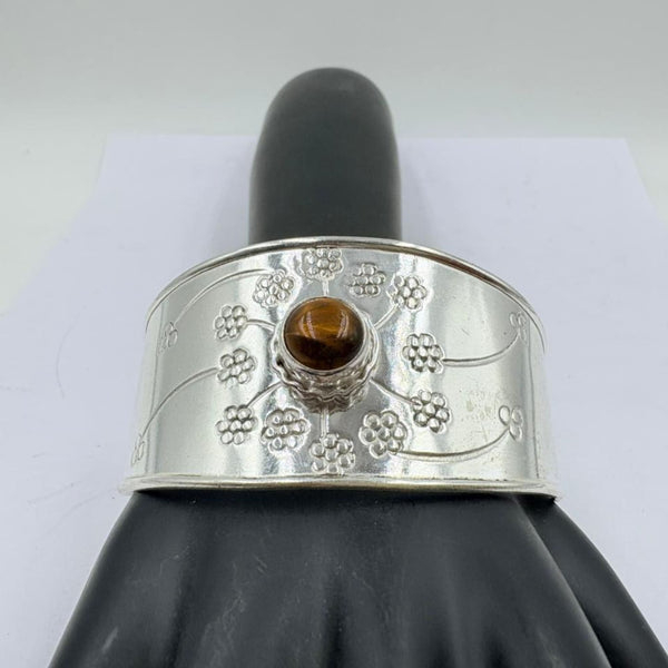 Golden Glow Tiger Eye Floral Silver Bangle
