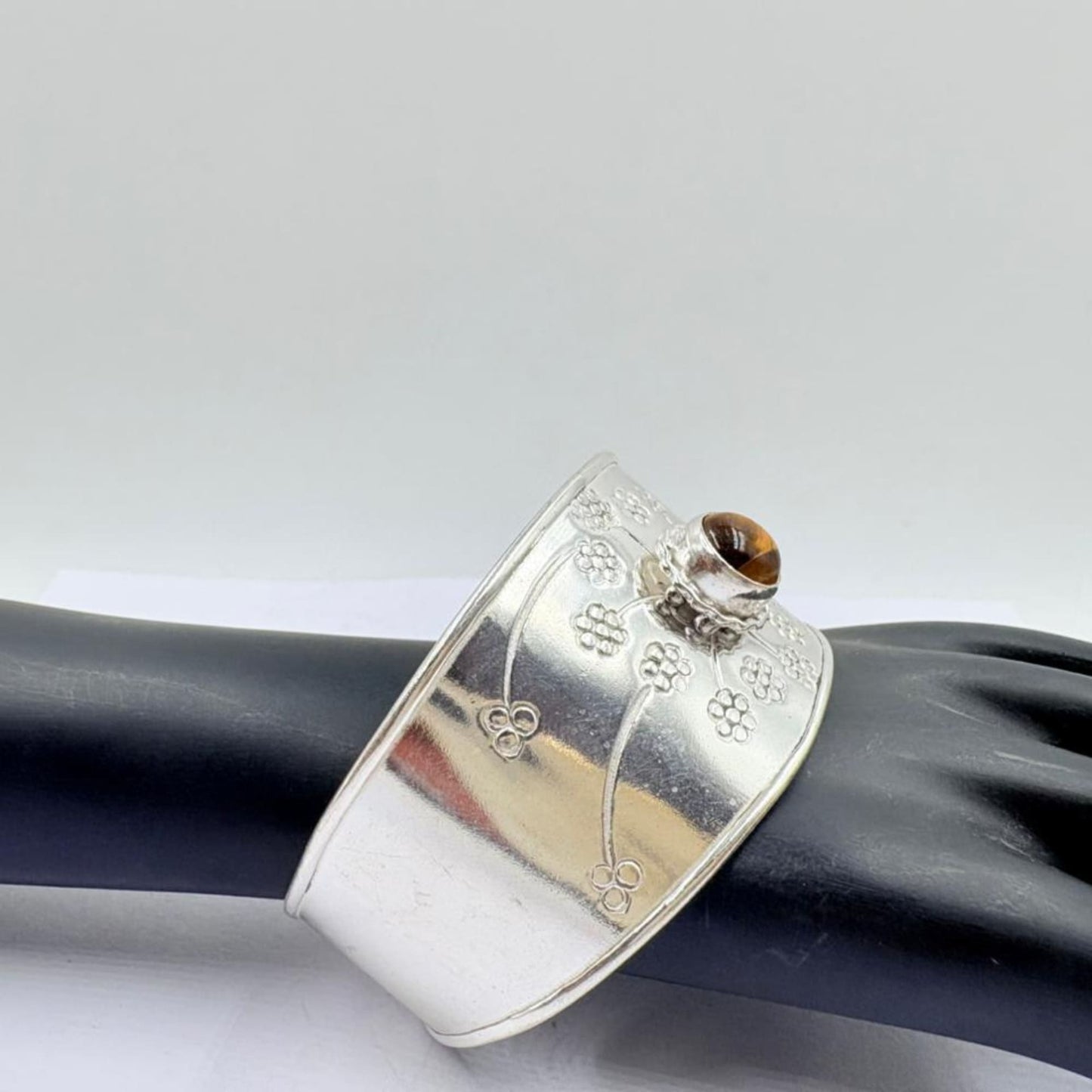 Golden Glow Tiger Eye Floral Silver Bangle