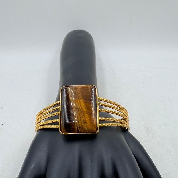Handmade Tiger Stone Brass Bangle with Gold Plating
