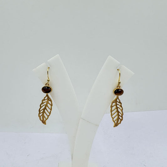 Tiger Stone Leaf Earrings – Handcrafted Golden Glow