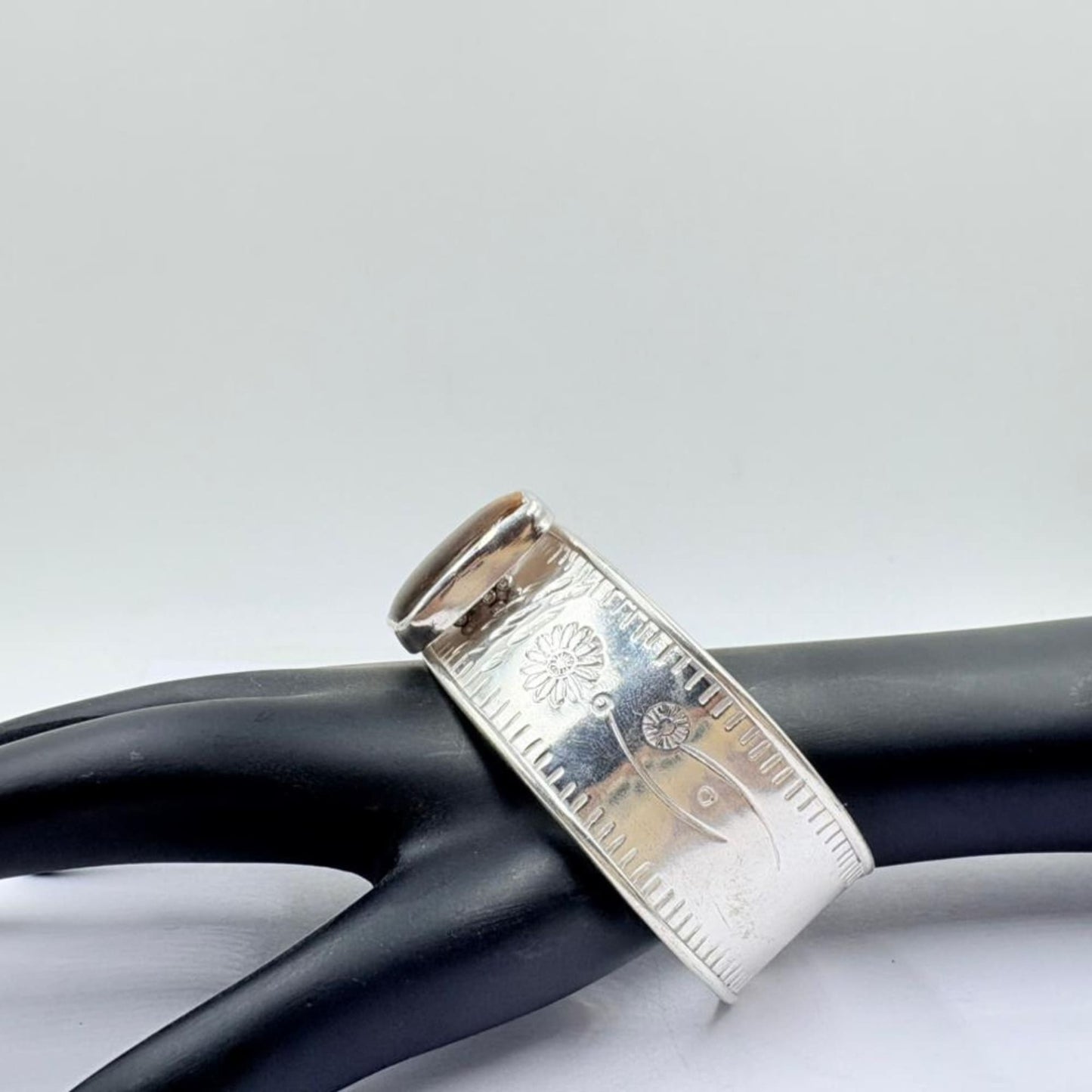 Majestic Tiger Stone Carved Silver Art Bangle