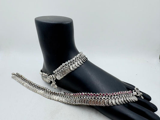 Traditional Silver Anklet – Dual Layer Heritage Coin Design with Stones
