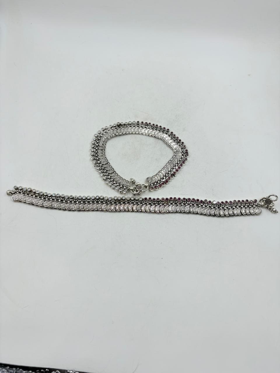 Traditional Silver Anklet – Dual Layer Heritage Coin Design with Stones