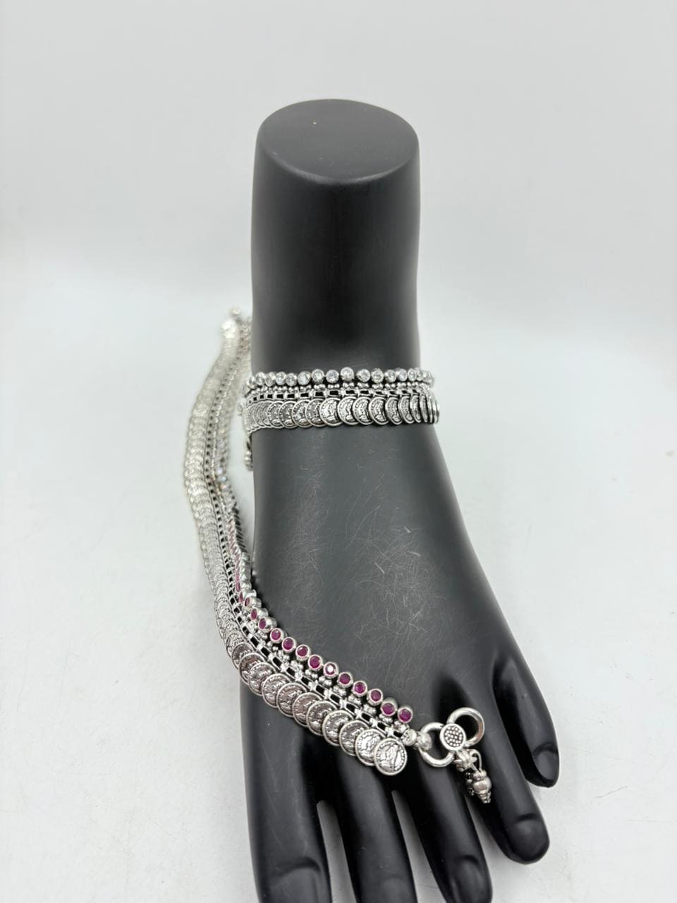 Traditional Silver Anklet – Dual Layer Heritage Coin Design with Stones