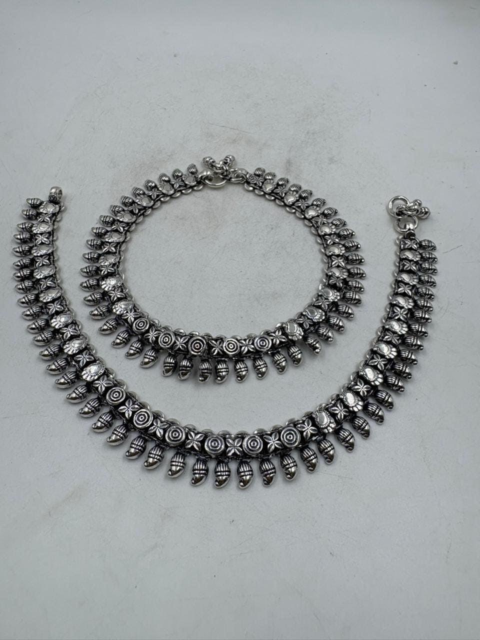 Wedding Silver Anklet – Floral Bead Design in Antique Silver Finish