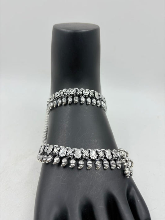 Wedding Silver Anklet – Floral Bead Design in Antique Silver Finish