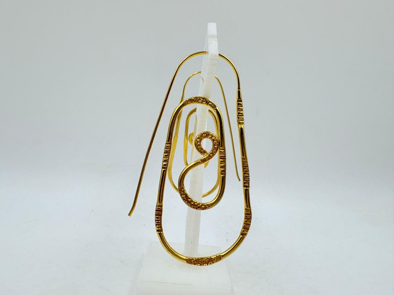 Brass Spiral Dangle Earrings with 18K Gold Plating – Artistic Long Loop Design