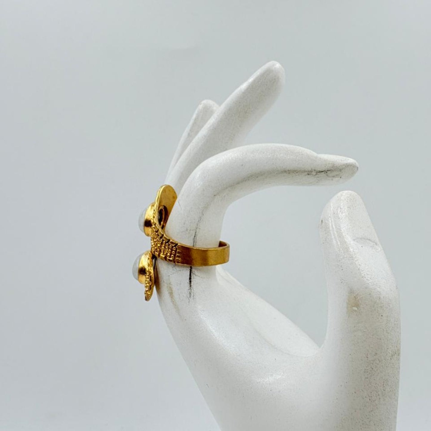 White Rainbow Gemstone Textured Brass Ring