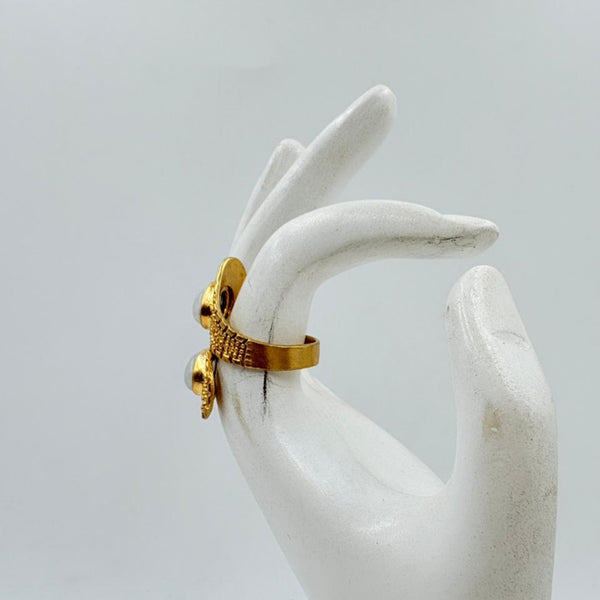 White Rainbow Gemstone Textured Brass Ring