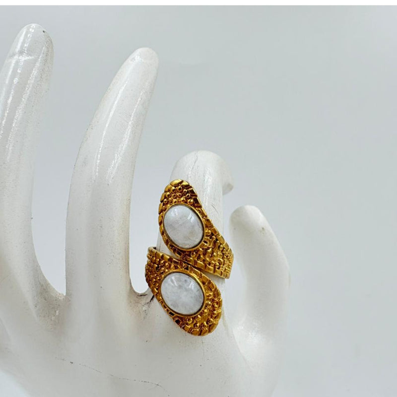 White Rainbow Gemstone Textured Brass Ring