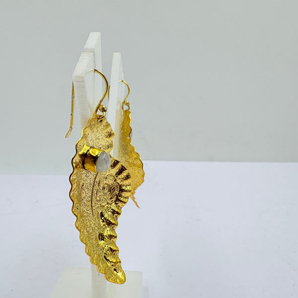 Handcrafted Gold Leaf Earrings with White Rainbow Stone