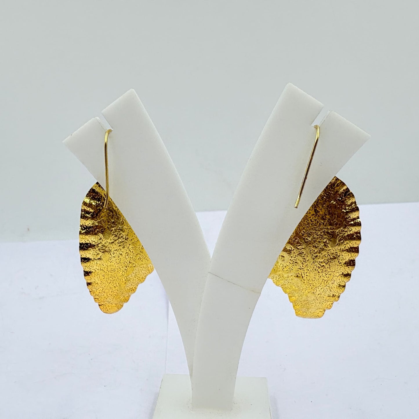 Handcrafted Gold Leaf Earrings with White Rainbow Stone