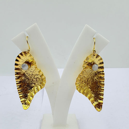 Handcrafted Gold Leaf Earrings with White Rainbow Stone