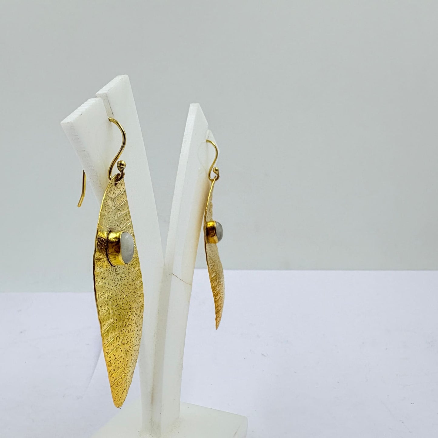 Golden Leaf Textured Earrings with White Rainbow Stone