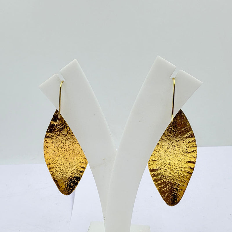 Golden Leaf Textured Earrings with White Rainbow Stone