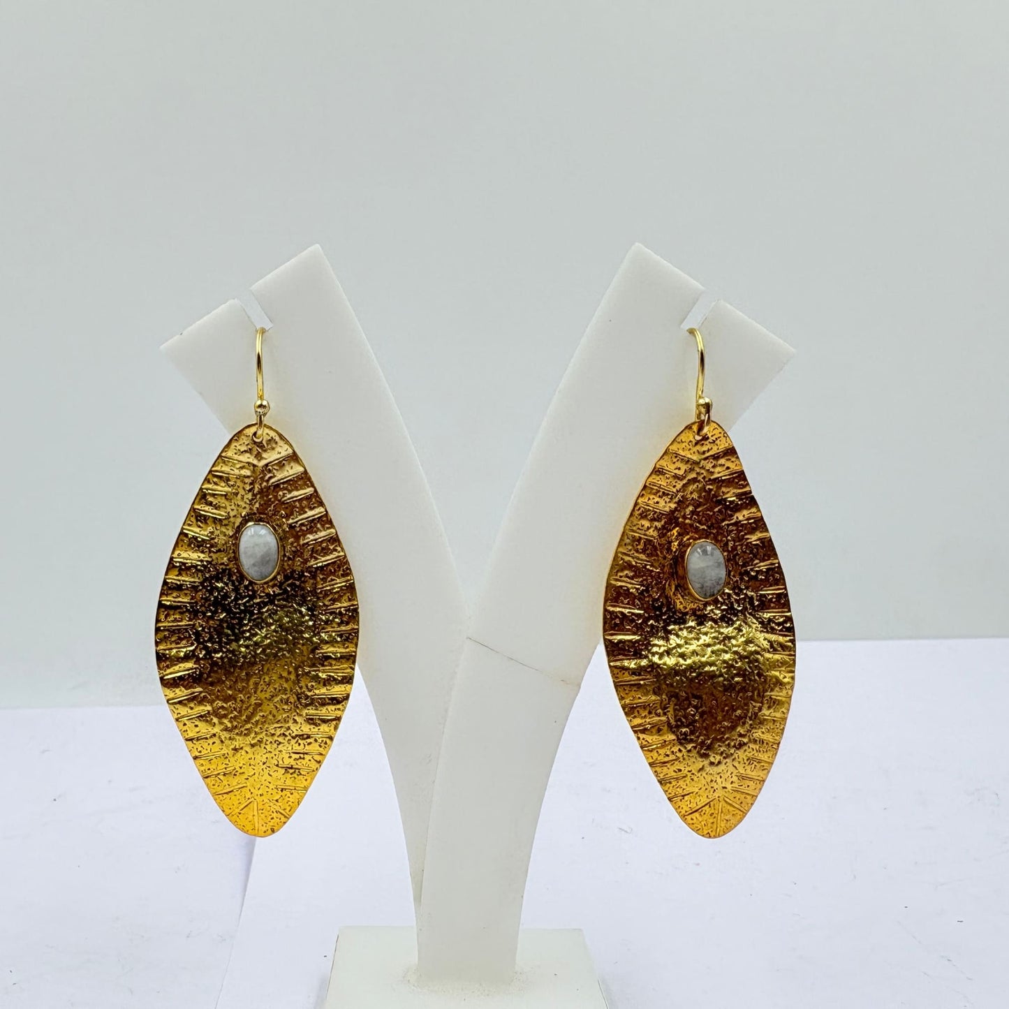 Golden Leaf Textured Earrings with White Rainbow Stone
