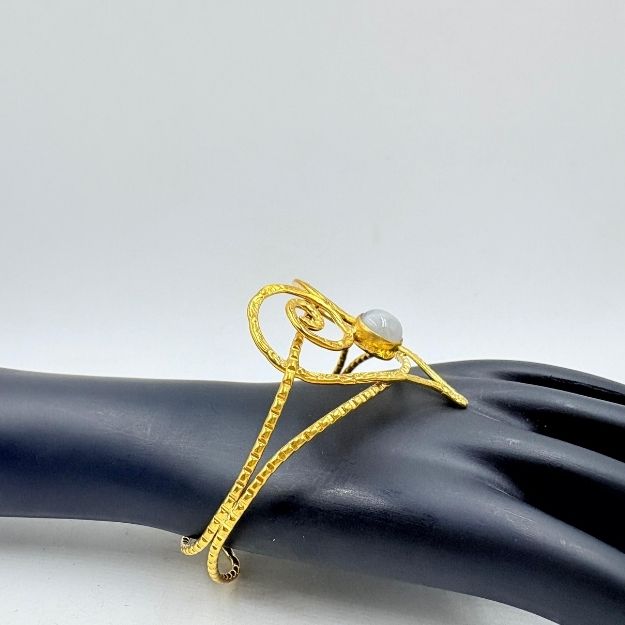 Handmade Brass Heart Cuff with White Rainbow Stone