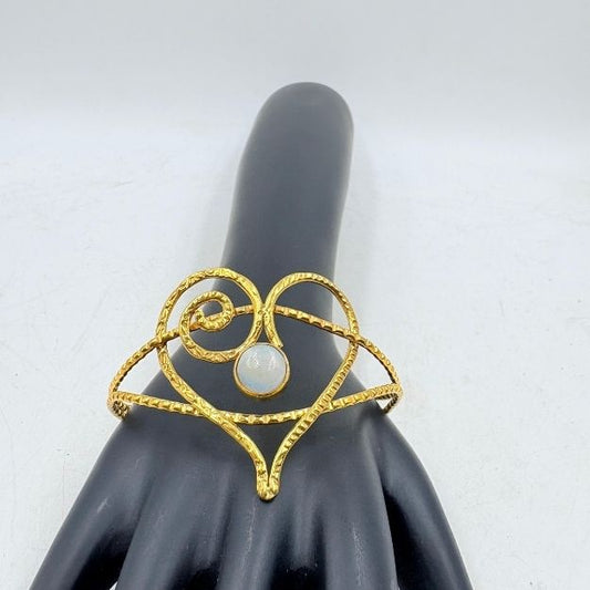Handmade Brass Heart Cuff with White Rainbow Stone