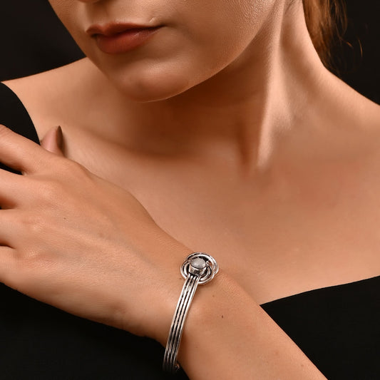 Designer Knot Style 92.5 Silver Bangle with White Rainbow Stone