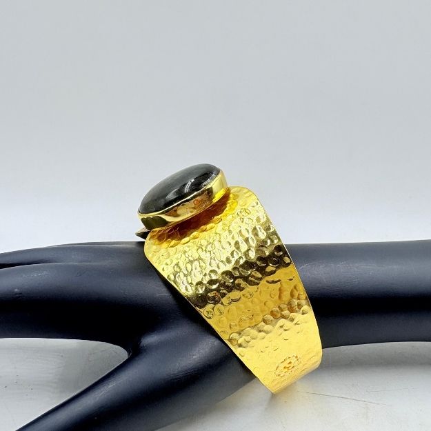 Golden Brass Bangle with Black Rainbow Stone