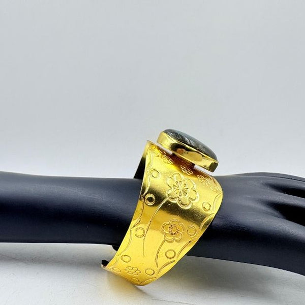Golden Brass Bangle with Black Rainbow Stone