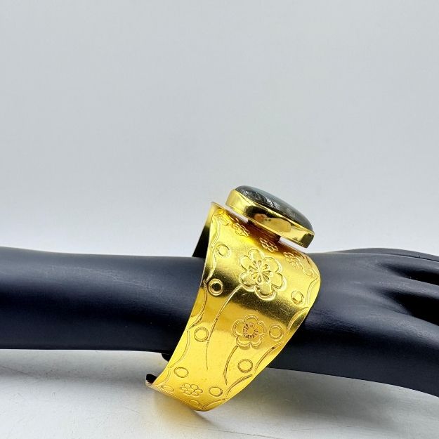 Golden Brass Bangle with Black Rainbow Stone