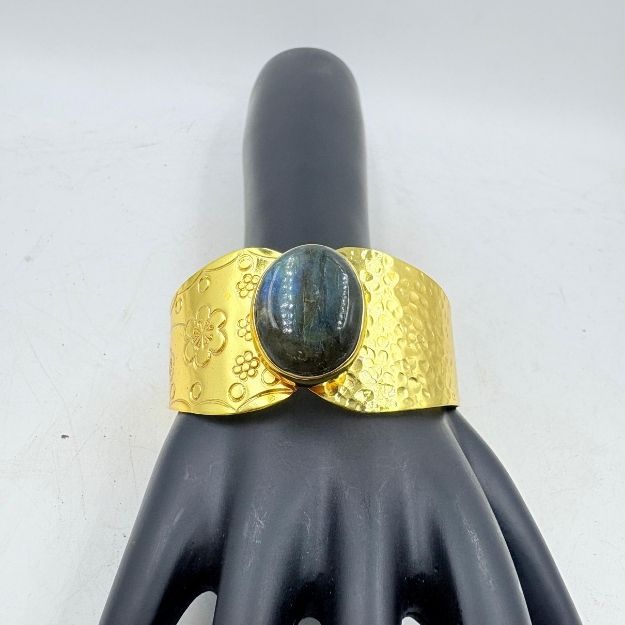Golden Brass Bangle with Black Rainbow Stone