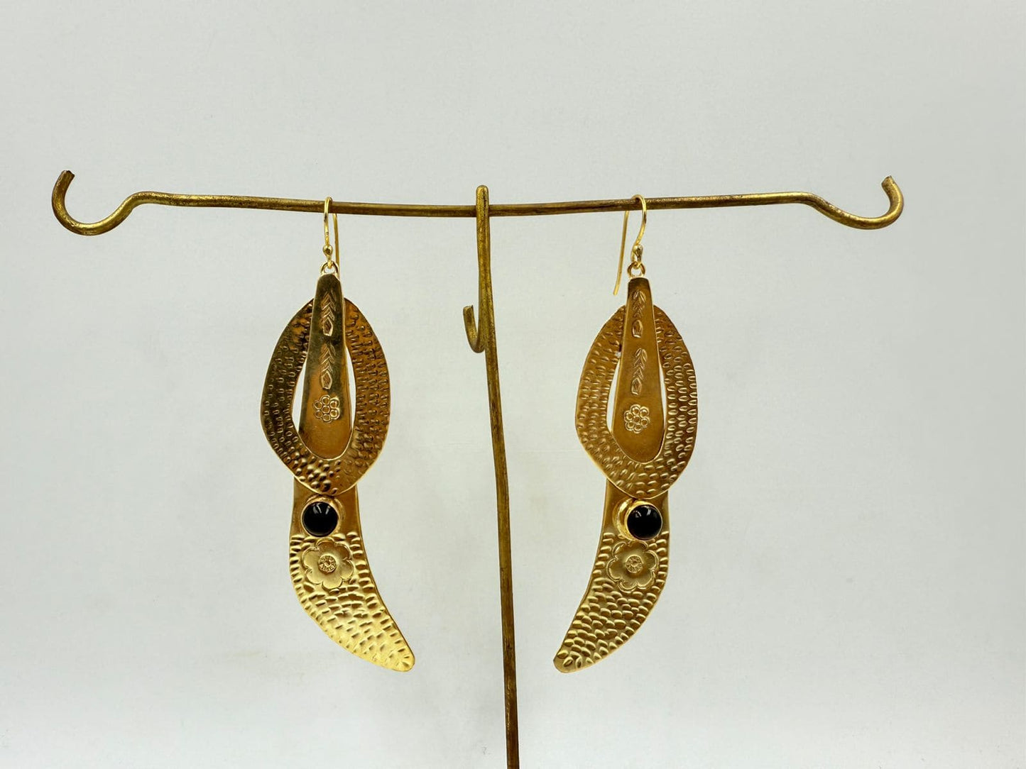 Brass Black Onyx Earrings – 18K Colour Gold Plated Long Statement Earrings