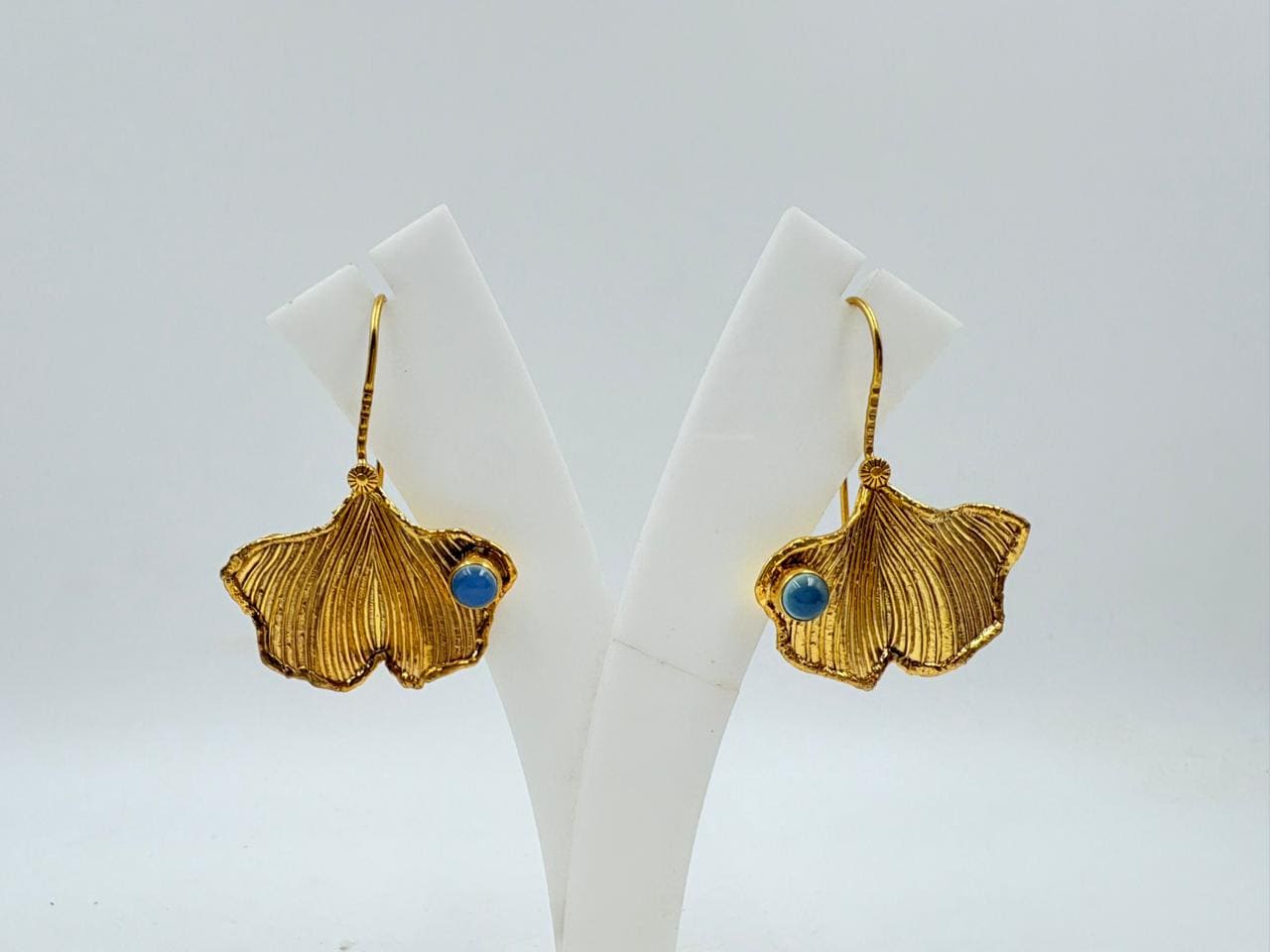 Brass Blue Stone Earrings – 18K Colour Gold Plated Leaf Design Dangle Earrings