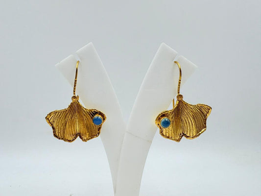Brass Blue Stone Earrings – 18K Colour Gold Plated Leaf Design Dangle Earrings