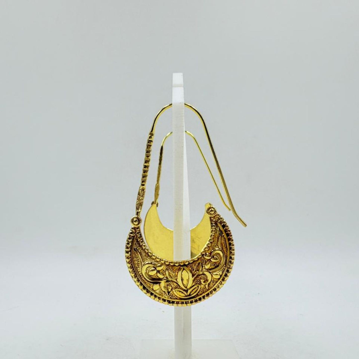 Brass Crescent Hoop Earrings with 18K Gold Plating – Intricate Floral Design