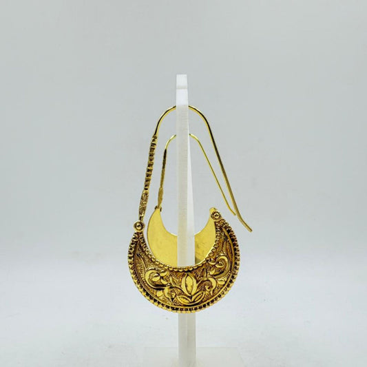 Brass Crescent Hoop Earrings with 18K Gold Plating – Intricate Floral Design
