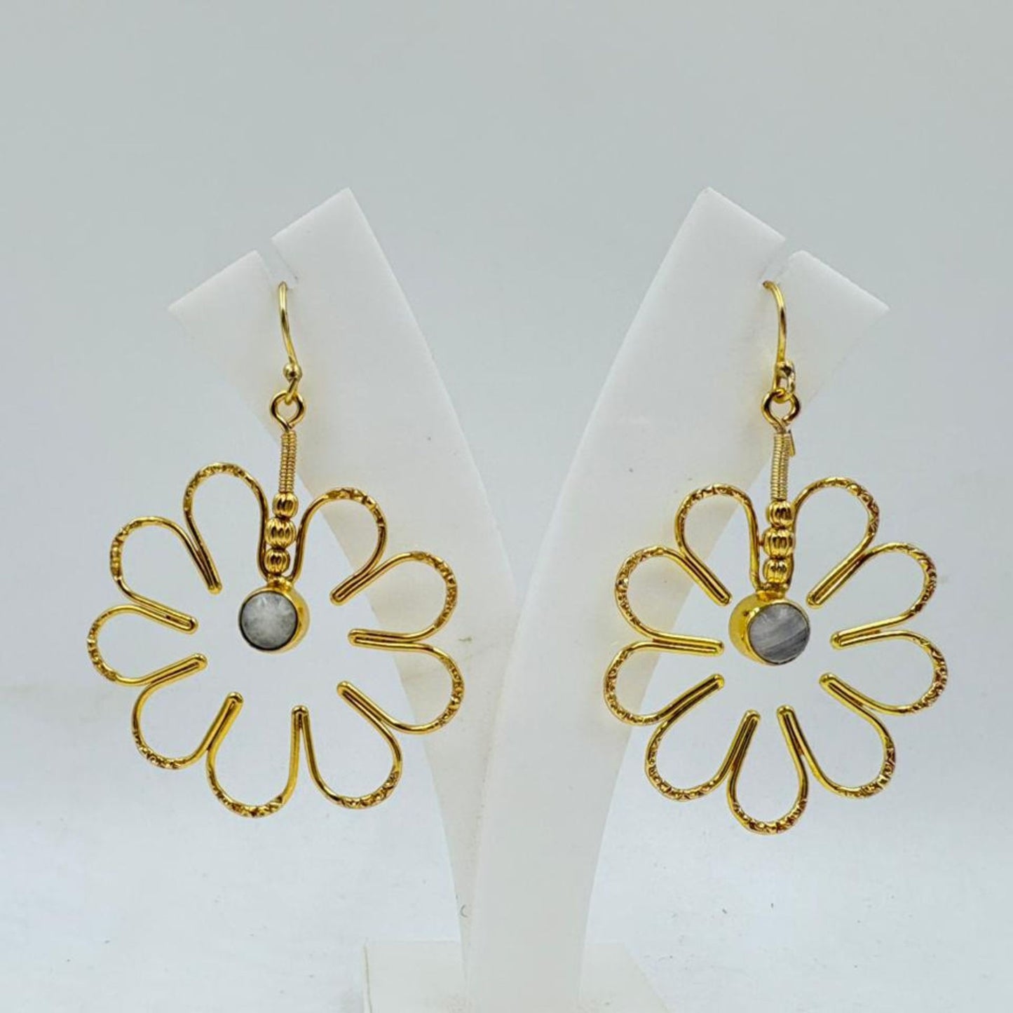 Brass Floral Dangle Earrings with 18K Gold Plating – Open Petal Flower Design