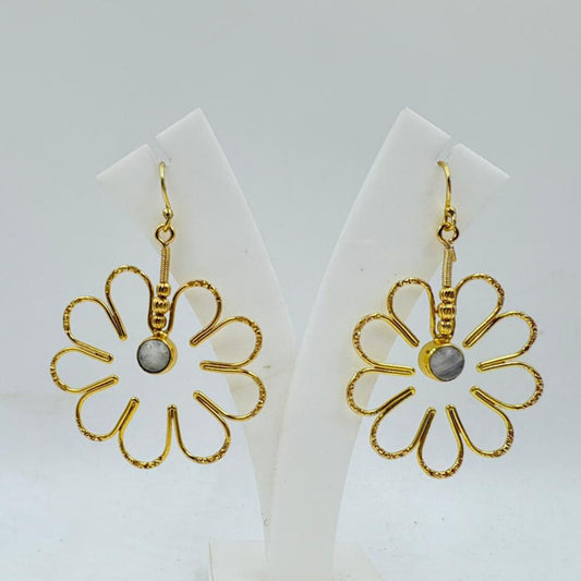 Brass Floral Dangle Earrings with 18K Gold Plating – Open Petal Flower Design