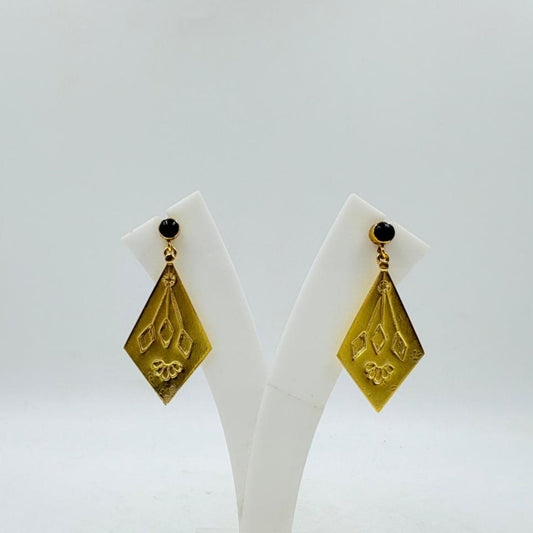Brass Geometric Dangle Earrings with 18K Gold Plating – Black Stone Accent