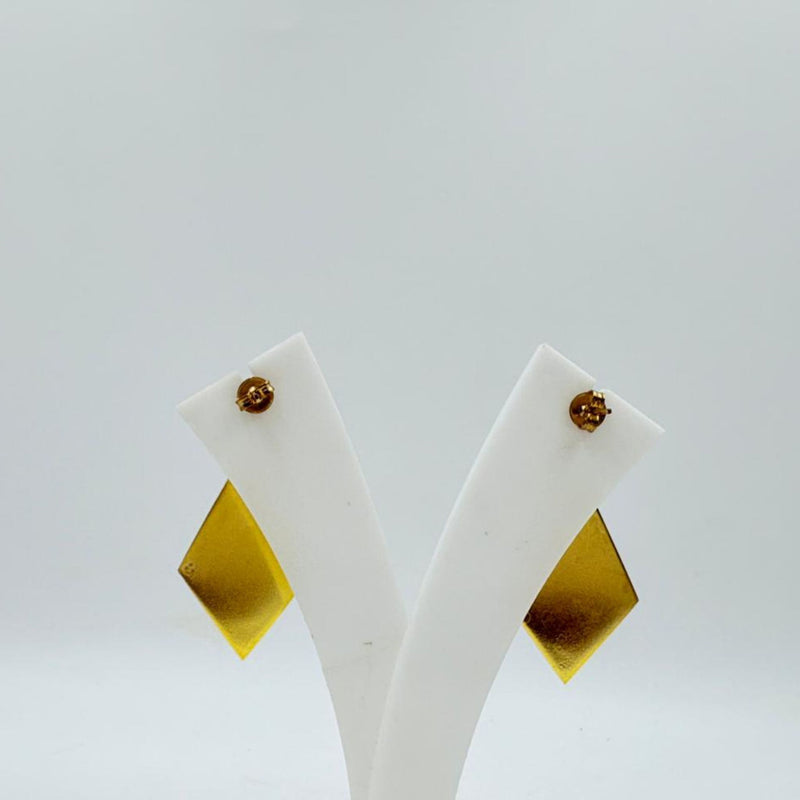 Brass Geometric Dangle Earrings with 18K Gold Plating – Black Stone Accent