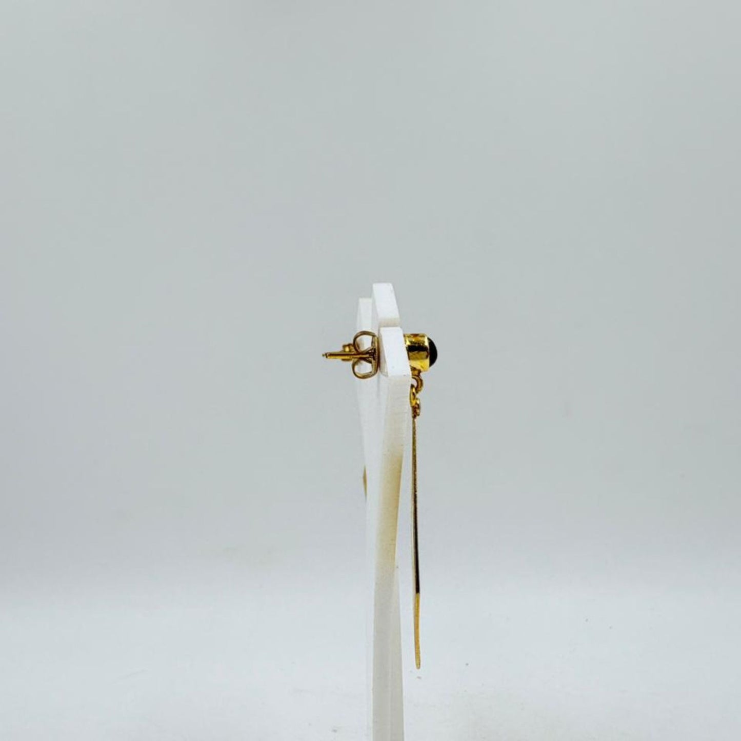 Brass Geometric Dangle Earrings with 18K Gold Plating – Black Stone Accent