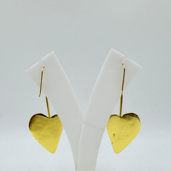 Brass Heart Dangle Earrings with 18K Gold Plating – Floral Engraved Design