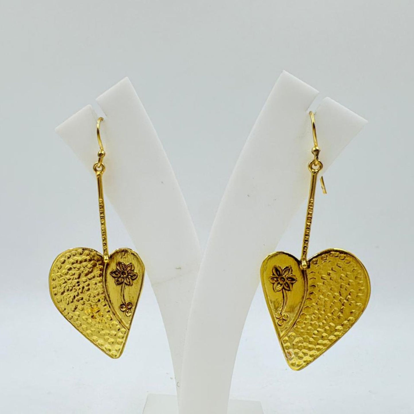 Brass Heart Dangle Earrings with 18K Gold Plating – Floral Engraved Design