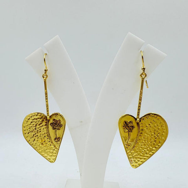 Brass Heart Dangle Earrings with 18K Gold Plating – Floral Engraved Design