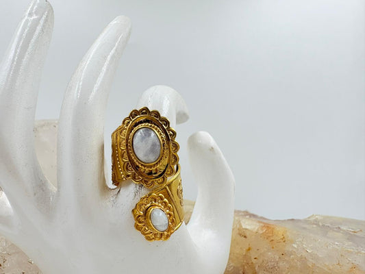 Brass Dual Moonstone Ring – Handcrafted Adjustable Gold Plated Statement Ring